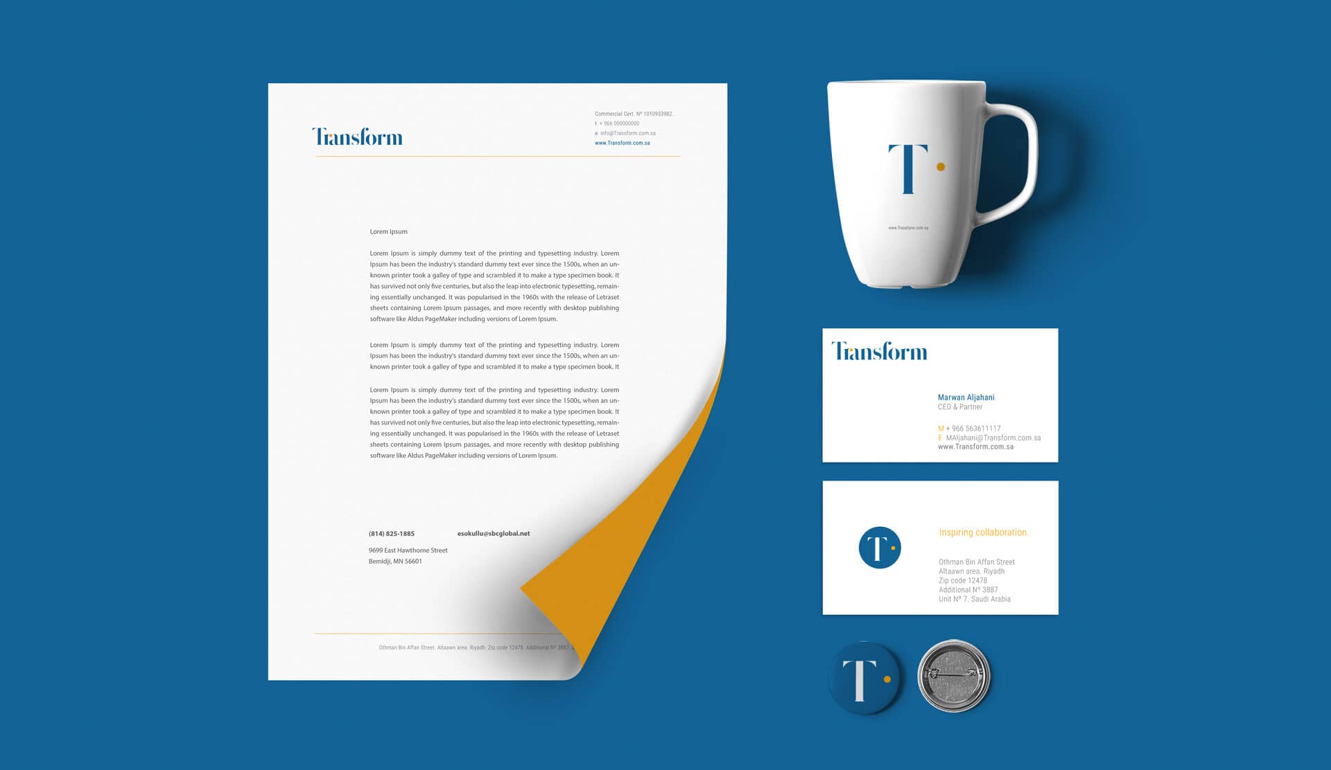 Brand applications flat lay: letterhead, mug, business cards and button badge